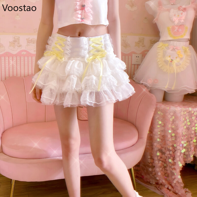 Mini Saia Doce Estilo Lolita, Babados de Renda Kawaii Japoneses, Bandagem de Malha Saias Curtas, Meninas Coreanas Casuais Bonitas