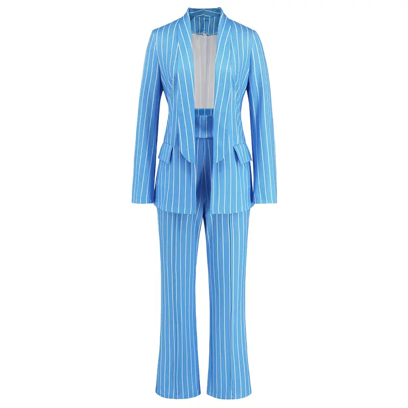 Kombinezon damski 2023 jesień i zima nowa moda w stylu Casual, w paski marynarka + spodnie z prosta szeroka nogawkami garnitur dwuczęściowy garnitur