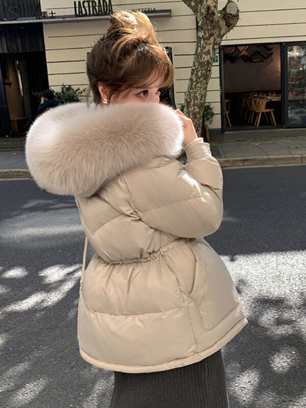 Chaqueta con cuello de piel de zorro Real para mujer, abrigos de plumón de pato blanco coreano, prendas de vestir sólidas cálidas, moda de invierno, 2023