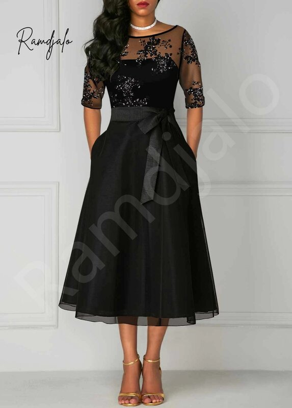 Black Semi Formal Dresses for Wedding Guest 2024 Tea Length Half Sleeves Sheer Neck A-Line Sashes Women Party Gowns with Pockets