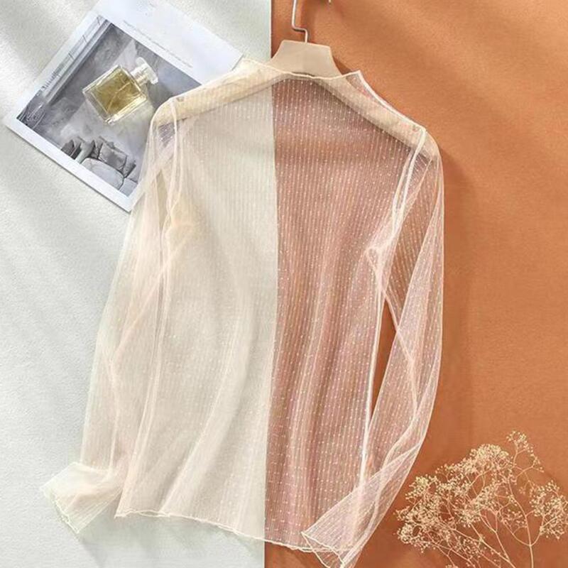 Women Long Sleeve Mesh T-shirts Ultra-thin See-through Lace Long Sleeves Loose Soft Casual Mock Neck Visible Shirt Mesh Tops