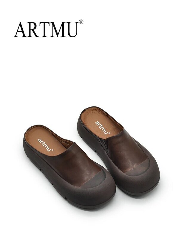 Artmu-Zapatillas de piel auténtica con punta redonda para mujer, zapatos informales Boken hechos a mano, para verano, 2024