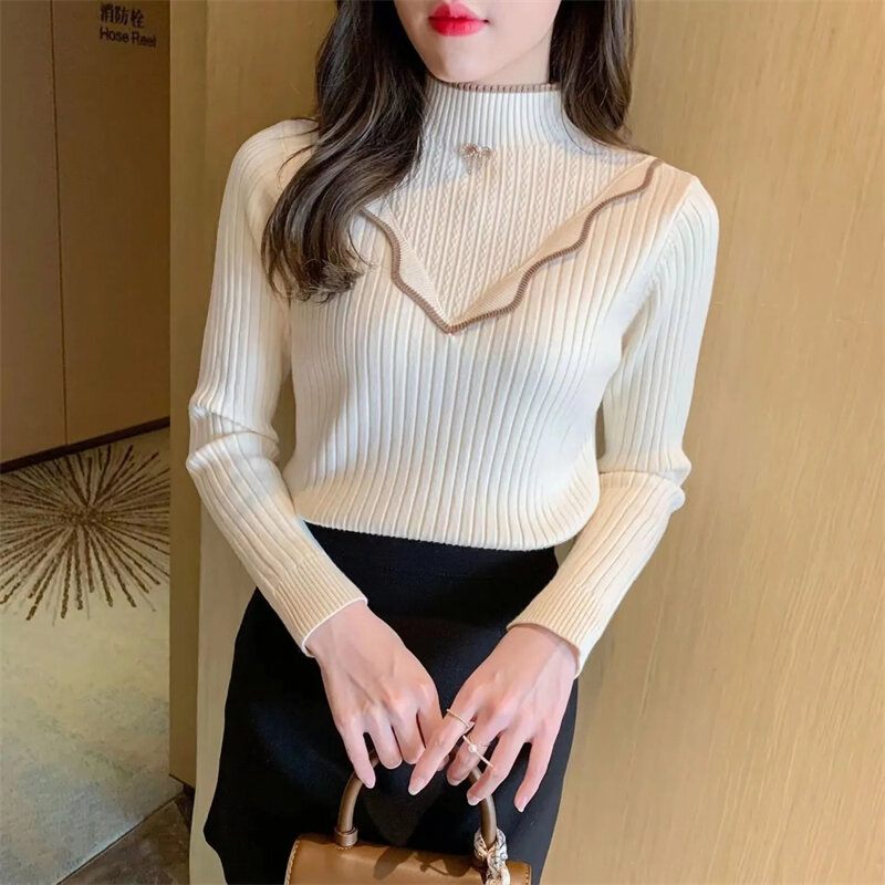 Woman Sweaters 2023 Autumn Winter Ribbed Knitted Sweater Women Pullover Mock Neck Long Sleeve Solid Casual Knitwear Tops Clothes