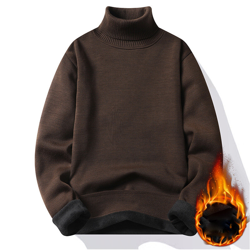 Sweater kerah tinggi pria, atasan dasar Turtleneck rajutan, kerah ganda musim gugur dan dingin untuk lelaki