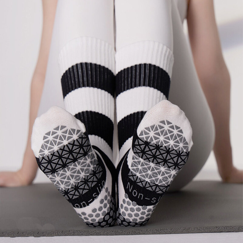 Chaussettes de yoga professionnelles à rayures pour femmes, coordonnantes, respirantes, en coton, pour Pilates, sport, fitness, exercice d'entraînement