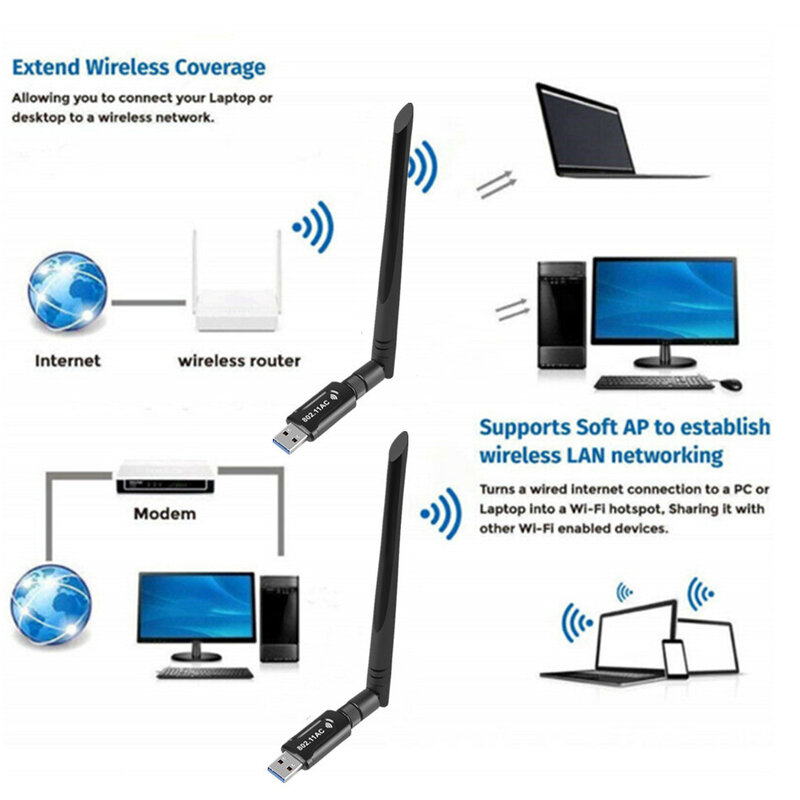 WvvMvv 1200Mbps USB Nirkabel 3.0 Penerima Adaptor WiFi Dual Band 5G & 2.4G 5dBi Antena WI-FI Kunci USB Adaptor untuk Windows PC Mac