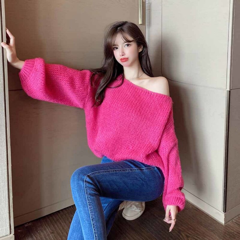 Sweater rajut warna polos wanita, Jumper longgar bahu terbuka lengan panjang Korea musim gugur dan dingin 2023