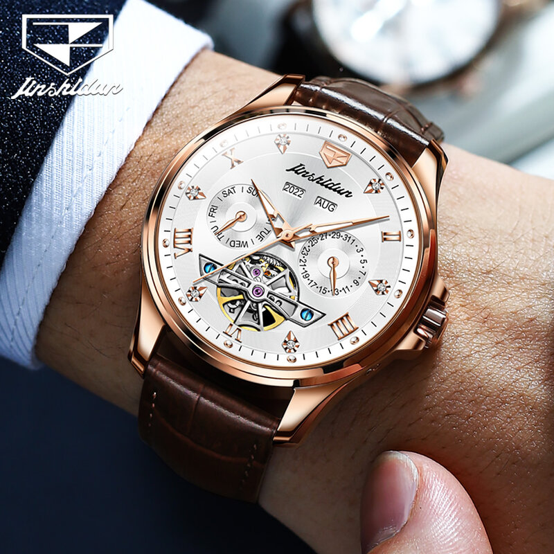 JSDUN-Montres mécaniques automatiques pour hommes d'affaires, chronographe de luxe, date automatique, bracelet en cuir, horloge Shoous étanche, 8926
