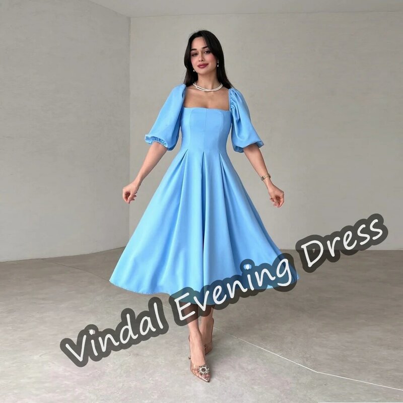 Vindal quadratischer Ausschnitt Abendkleid A-Linie Satin knielang elegant eingebauter BH Saudi-Arabien kurze Ärmel für Frau 2024