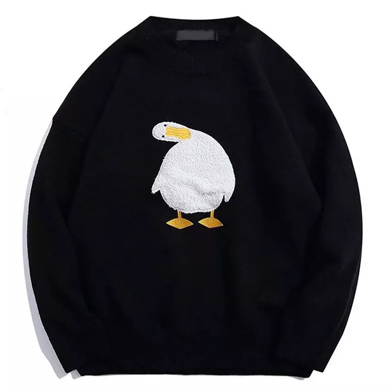 Suéter de punto de gran tamaño Harajuku para hombre, bordado de ganso y pato de dibujos animados, moda japonesa, cuello redondo, ropa de calle Unisex para pareja