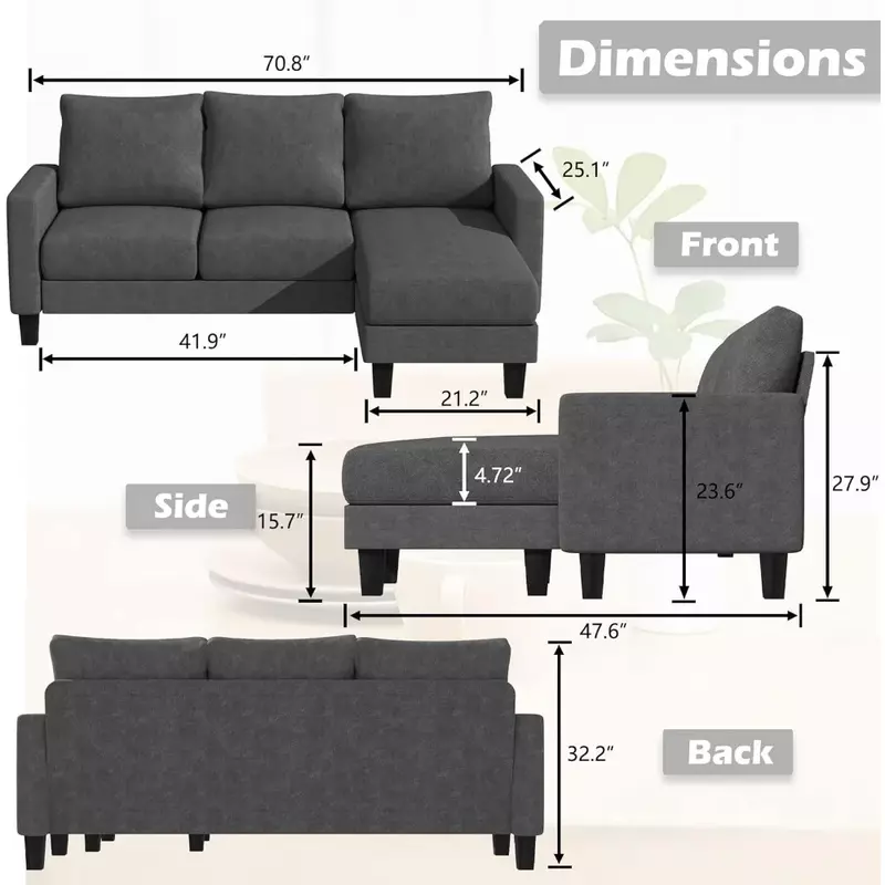 Kursi lembut sofa berbentuk L 3 fungsional dengan kain Linen, sofa hemat ruang untuk ruang tamu, kantor, 70 ", abu-abu gelap