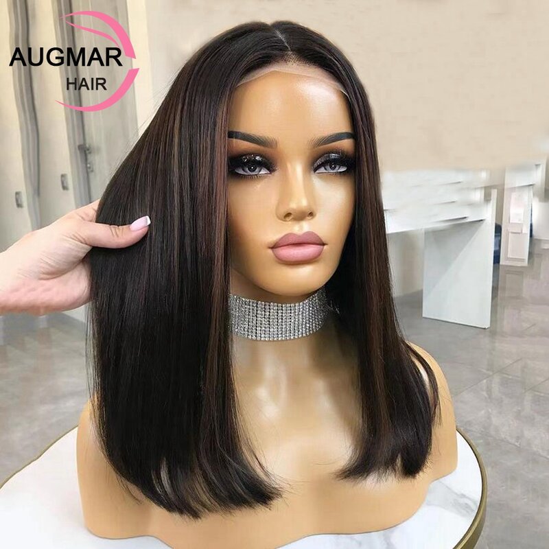 Short Ash Blonde 360 Lace Frontal Wig Brown Highlight Wig Human Hair 13x4 Straight Bob Wig Lace Front Human Hair Wigs For Women