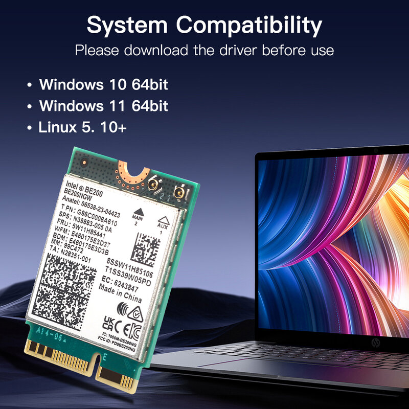 인텔 BE200 네트워크 카드용 와이파이 7, 블루투스 5.4 트라이 밴드, 2.4 GHz, 5 GHz, 6GHz, 8774Mbps, BE200NGW, M.2 무선 어댑터, 와이파이 6E 보다 우수