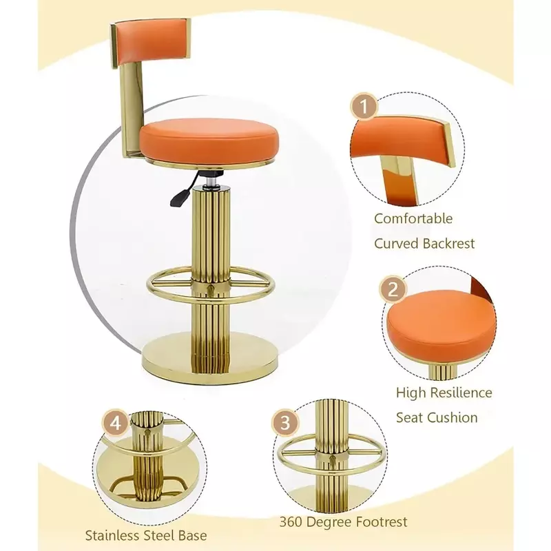 Bar Chair, Modern Adjustable Height Barstools Swivel, Back Bars Chairs with Polished Gold Stainless Steel Legs, Bar Chair