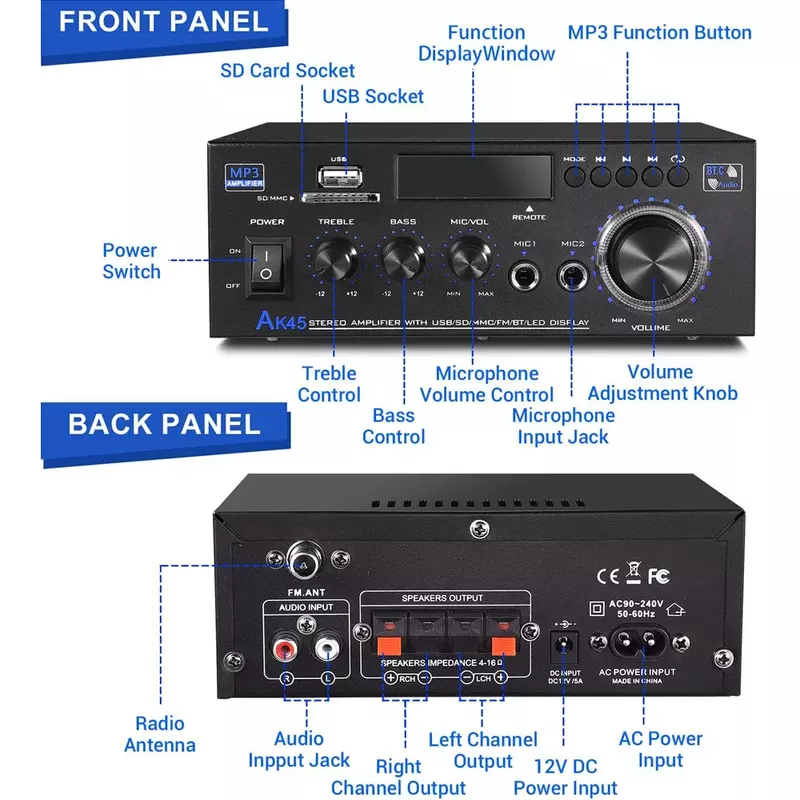 Amplificateur Stéréo HiFi AK45/AK35, Puissance Maximale 90W x 2, Canal 2.0, Bluetooth, Médailles pour Home Cinéma, Voiture, Audio