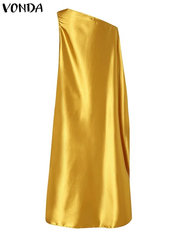 Vivo 2022 Bohemian Nữ Sang Trọng Gợi Cảm Không Tay Đầm Dự Tiệc Mùa Hè Rời Đầm Vestido Satin Slik Áo Dây Một Bên Vai Bãi Biển Sundress