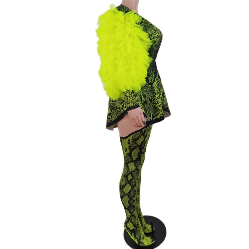 Conjunto de roupas de impressão verde fluorescente de 3 peças para mulheres, traje de Halloween, jaqueta festival, bodysuit, roupa de desempenho
