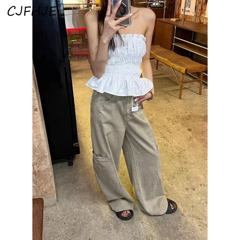 Cjfhje Khaki Pocket Wijde Spijkerbroek Dames Vintage Koreaanse Mode Dames Baggy Cargo Full Length Spijkerbroek Jeans Streetwear