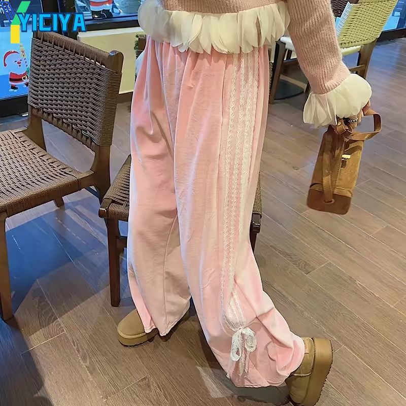YICIYA-Calças largas femininas de comprimento total, calças com laço, moletom reto, estilo Y2K, rosa, nova moda, 2024