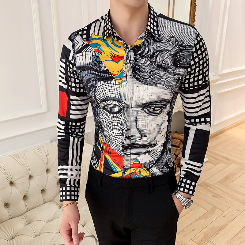Luxurious Fashion Print  Slim Fit Mens Long-sleeved Shirt High-end Social Brand Social Male Club Prom Shirts  festival hombre