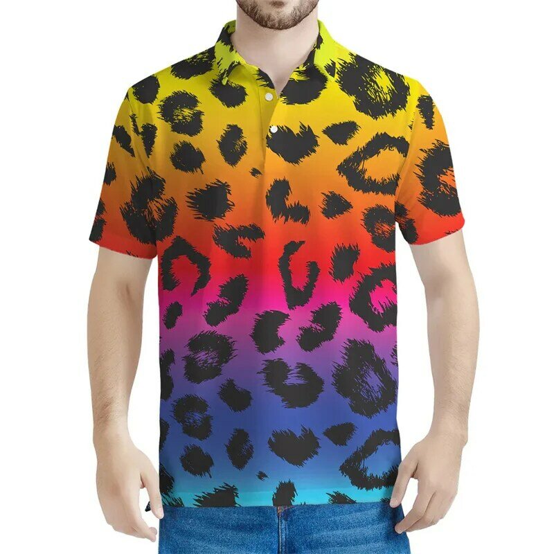 Polo con grafica leopardata colorata uomo donna magliette a maniche corte stampate in 3D maglietta da strada con personalità estiva t-Shirt con risvolto allentato