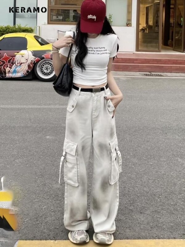 Jeans Harajuku stile Casual da donna estate 2024 pantaloni larghi larghi a vita alta Vintage tasche a gamba larga pantaloni in Denim larghi Punk