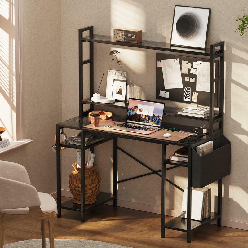 Uter escritorio con estantes ajustables, escritorio para juegos con Lilets LED, escritorio para oficina en casa con soporte para Monitor, soporte para CPU con ganchos