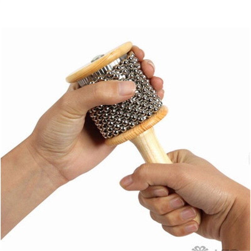 Mainan Instrumen Perkusi Pengocok Tangan Pop Silinder Rantai Manik-manik Logam Cabasa Kayu untuk Anak-anak Kelas Band Ukuran Sedang