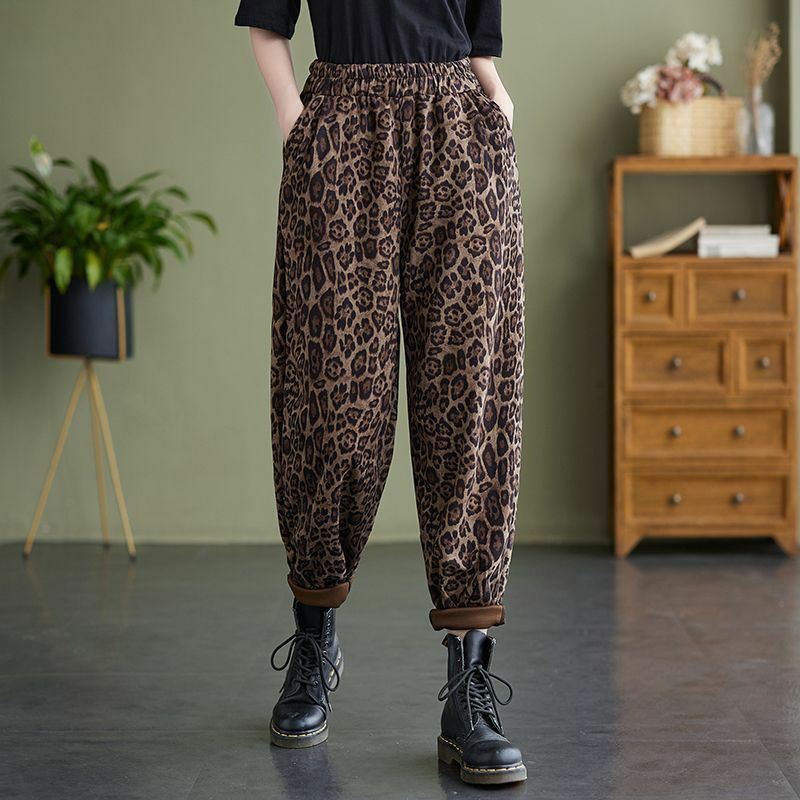 Harem Pants Printing Leopard Elastic Waist Patchwork Pocket Fashion Loose Vintage Streetwear Autumn Winter Thin Women's Clothing