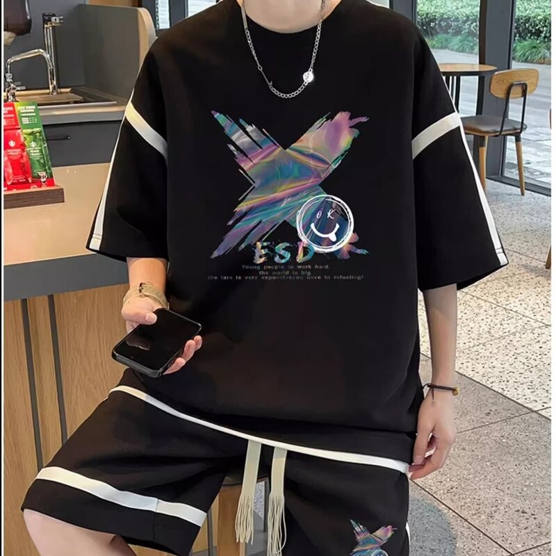 Y2K Summer Tracksuit Men Loose O-Neck Suits Two Piece Sets Patchwork Hip Hop Streetwear Harajuku Outfit Sets Joggers Sports Suit