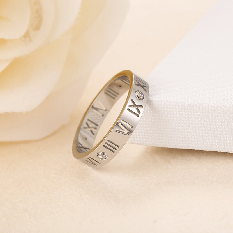 Anillos Vintage de acero inoxidable para hombre y mujer, anillo de boda con números romanos, plata, circonita brillante, joyería de moda, regalo