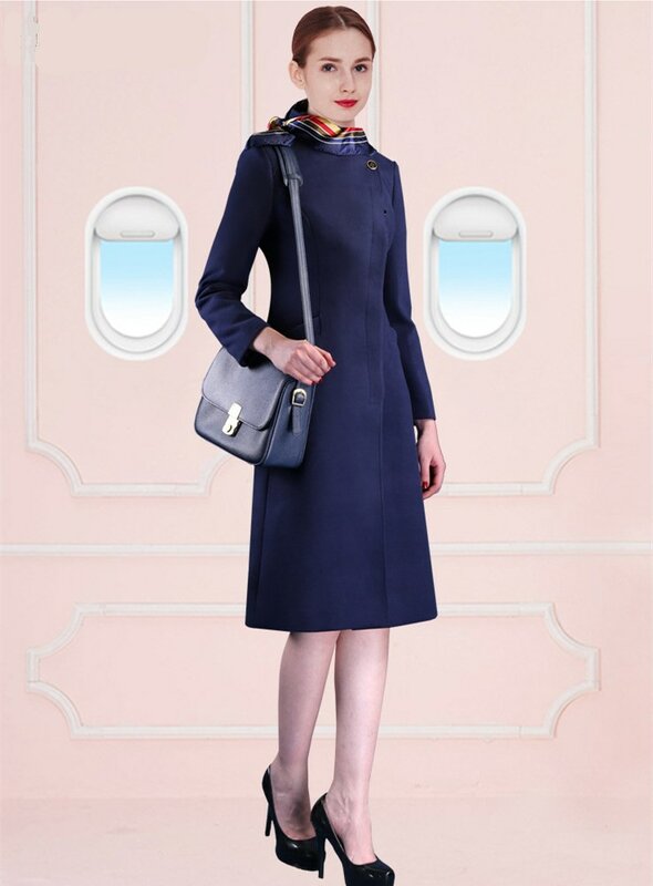 Vliegtuiguniform Voor Vrouwelijke Luchtpiloot Stewardess Hostewardess Cabinepersoneel Stewardess Airlines Uniformen Luxe Donkerblauwe Jas