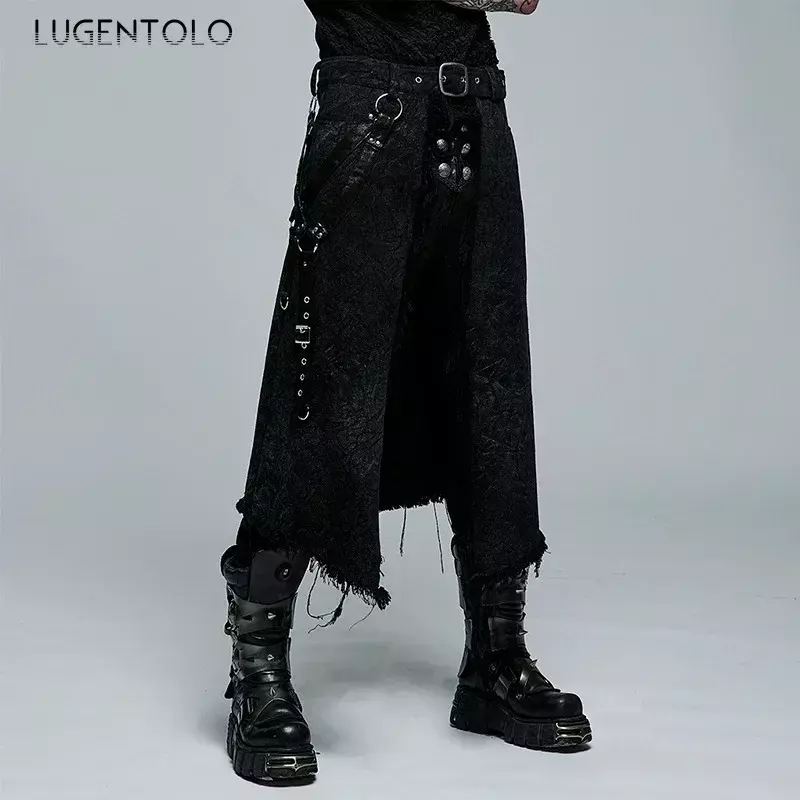 Lugentolo กระโปรงร็อคสีดำสำหรับผู้ชาย, กระโปรงครึ่งปีแบบผ้าแจ็คการ์ดไม่สมมาตรสำหรับปาร์ตี้พังค์แนวย้อนยุคขนเคราสีทึบใหม่
