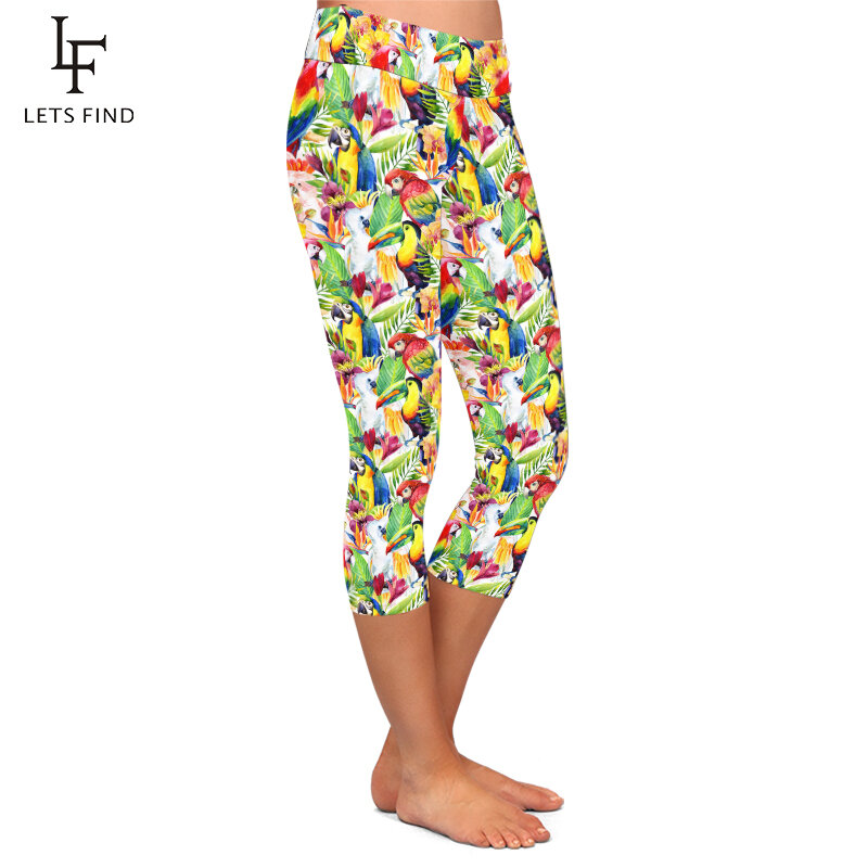 LETSFIND – legging Capri taille haute élastique pour l'été, vêtement de Fitness, imprimé perroquets, aquarelle, fleurs tropicales