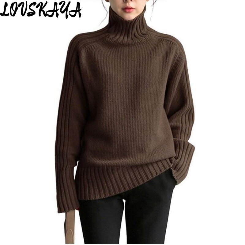 Temperamento pigro semplice e addensato pit stripe bottom knit maglione collo alto donna inverno retro maglione allentato