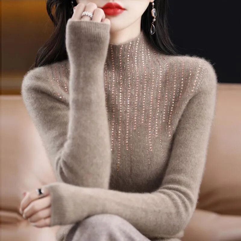 Rimocy 여성용 반짝이는 크리스탈 터틀넥 스웨터, 긴 소매 따뜻한 점퍼, 여성 패션 니트 풀오버 상의, 가을 겨울