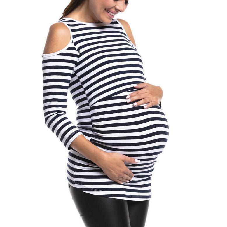 Camiseta de manga larga a rayas con hombros descubiertos para mujer embarazada, ropa de maternidad de 9 puntos, ropa de lactancia, nueva