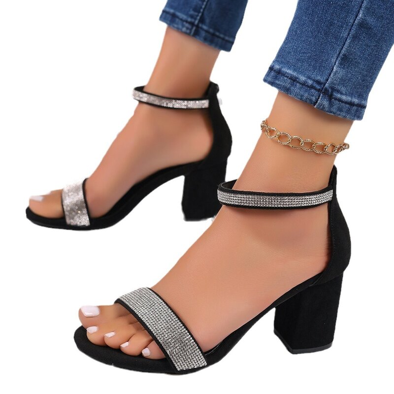 Sandálias de salto grosso com strass para mulheres, toe aberto, zíper, fivela de uma linha, salto alto, sexy, design de nicho, moda