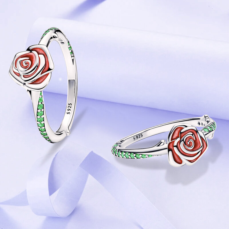 خاتم وردي أخضر من الفضة الإسترلينية للنساء ، يناسب الباندورا ، هدية مجوهرات رائعة ، عيد الأم ، جديد