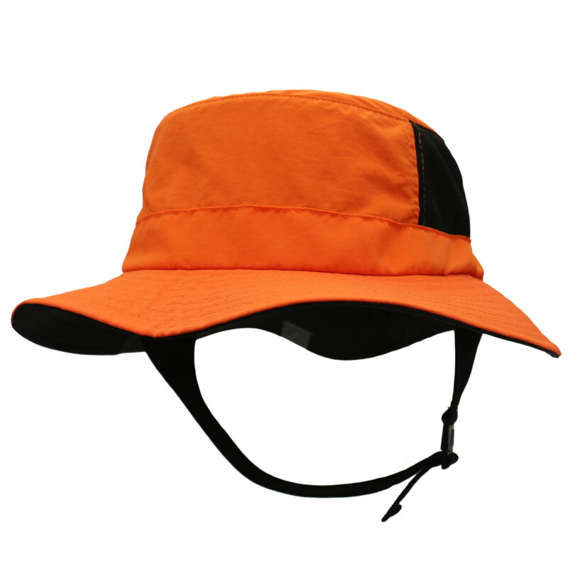남녀공용 해변 서핑 모자, 메쉬 통기성 태양 모자, UPF50 + 여름 야외 낚시 벨트 턱, 조절 가능한 버킷 햇, 수상 스포츠