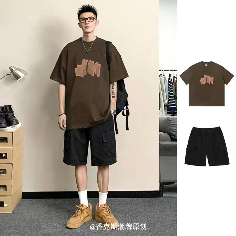 2024 New Summer Graffiti Art Print Pure Cotton Short Sleeve T-shirts Shorts Suit Match Loose Man Outdoor Casual Round Neck Tee