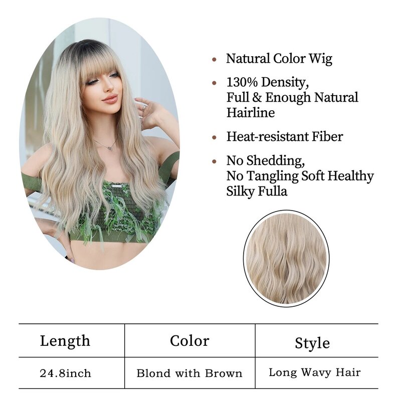 Perruque synthétique longue ondulée avec frange, racines foncées, ombré blond cendré, pour femmes, perruque naturelle, faux cheveux résistants à la chaleur, utilisation quotidienne