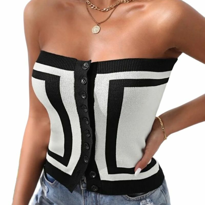 2023 Summer Woman Sexy Knitting Clothes Black and White Patchwork Female Skinny Bodysuits Button Fly Slim Lady Knitted Cardigans