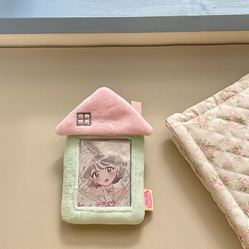 MINKYS Kawaii House Shape Fluffy 3 pollici Kpop porta carte fotografiche porta carte di credito borsa ciondolo cancelleria scolastica