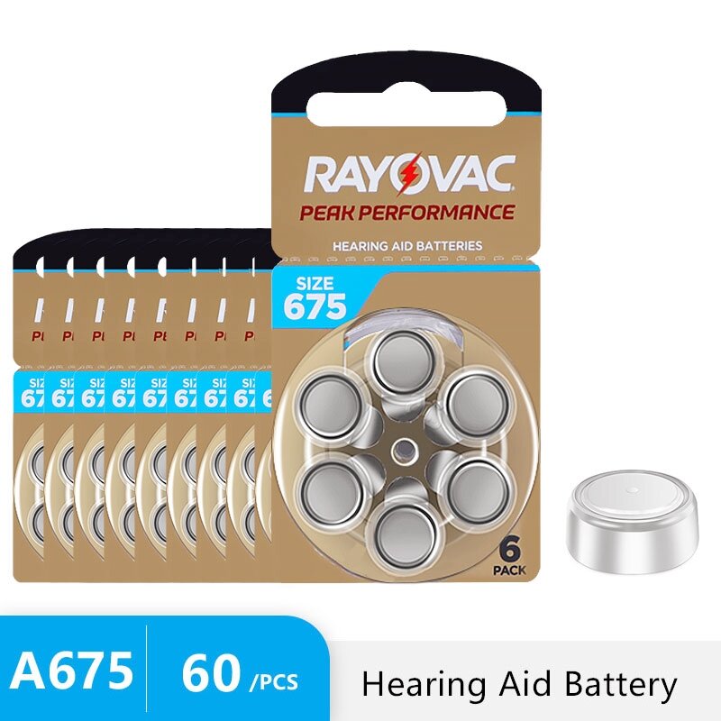 Hearing Aid Battery 60PCS / 10 Cards RAYOVAC PEAK Zinc Air Battery For BTE CIC RIC OE Hearing Aids Batteries 675A A675 675 PR44