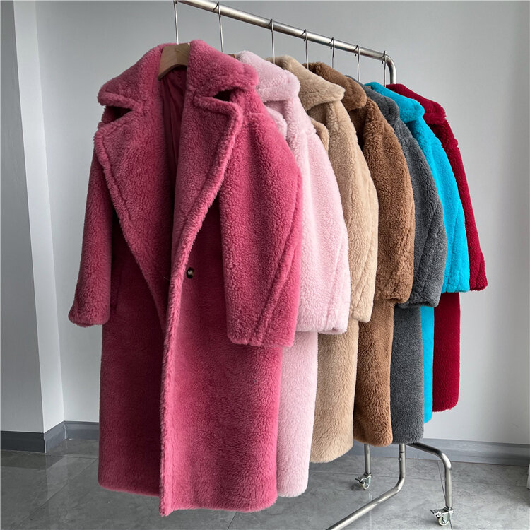 Manteau long en laine tissée pour femme, veste d'hiver, tissu optique, chaud, surdimensionné, mode streetwear, ours en peluche