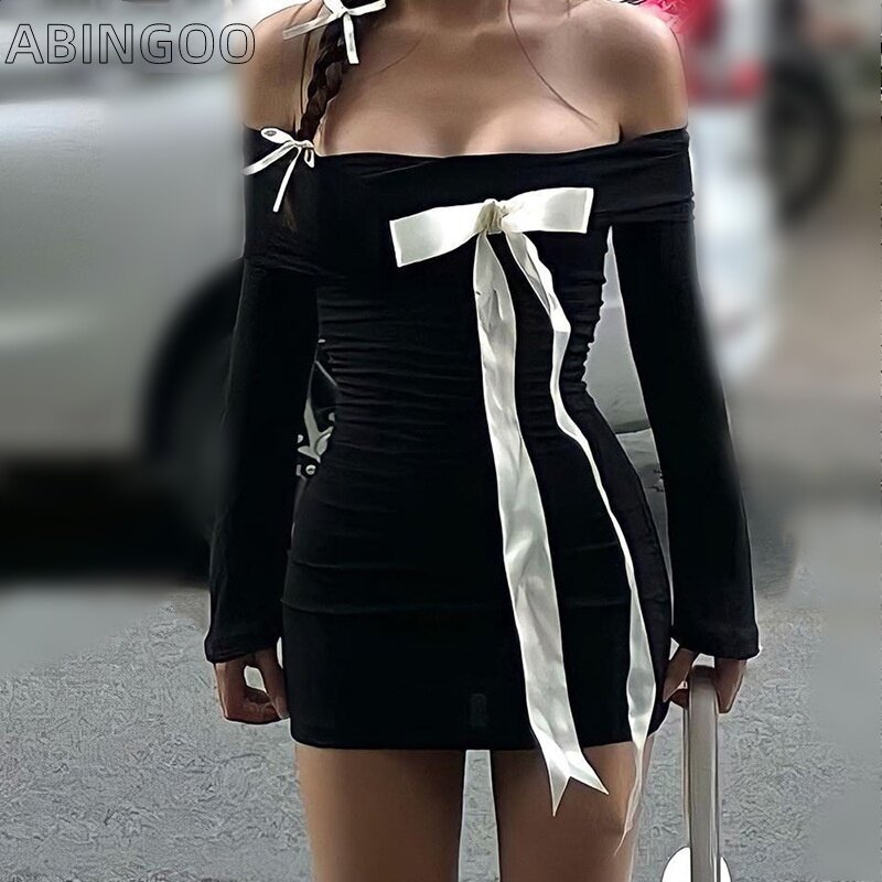 ABINGOO czarny z odkrytymi ramionami długi rękaw Slim Fit do dekoracji duża kokardka modna sukienka pikantne dziewczęce bardzo krótkie szorty jesienne ubrania