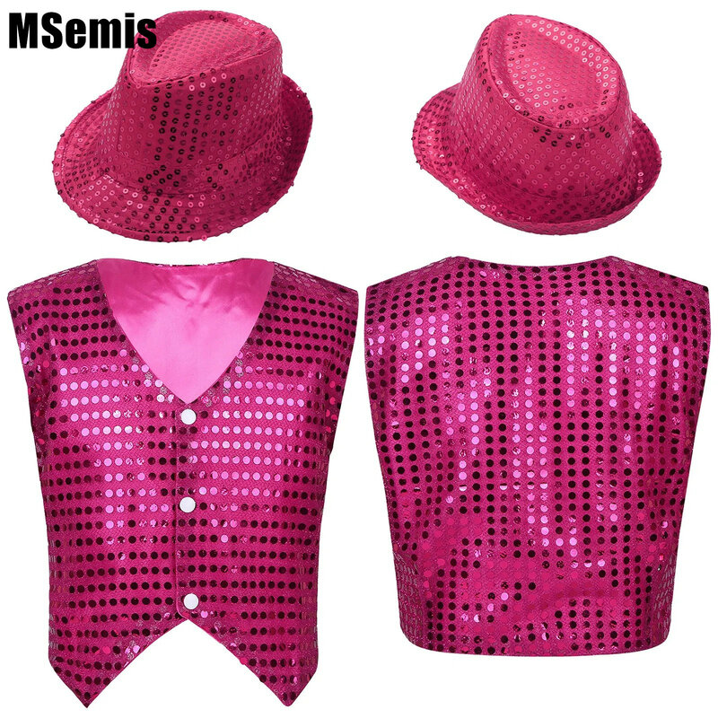 Kids Boys Sequined Dance Vest Top Glittery Jazz Performance Waistcoat with Hat for Dance Stage Performance