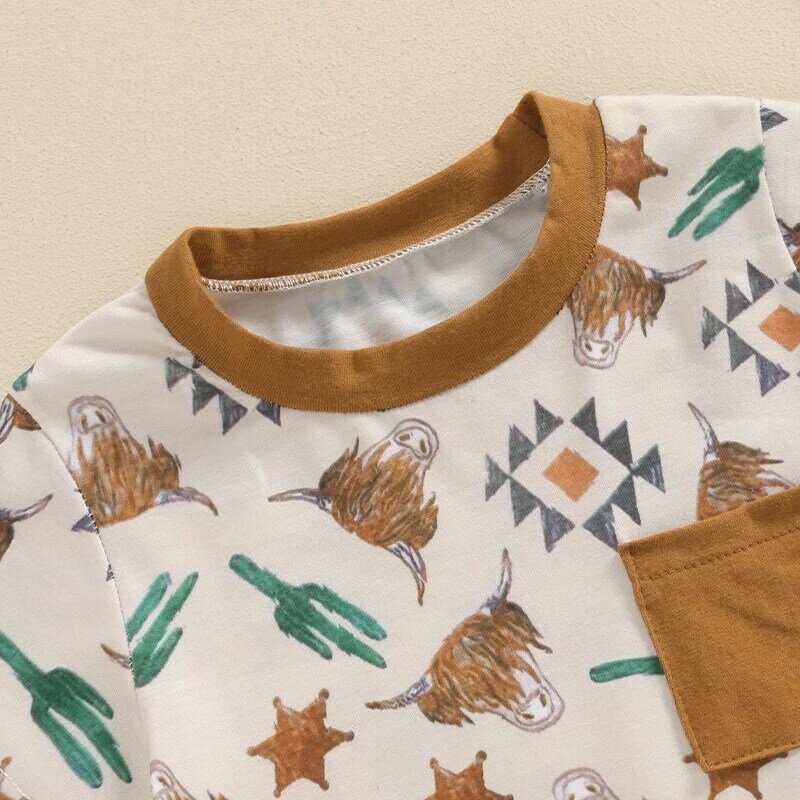 Lioraitiin-Conjunto de ropa con estampado de ganado para bebé, Tops de manga corta con cuello redondo, pantalones cortos de cintura elástica con bolsillos, Verano
