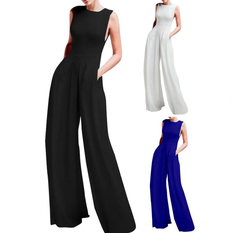 Women Jumpsuit Sleeveless Solid Color Wide Leg O Neck Slim Fit High Waist Pockets Soft Formal OL Commute Style Full Length Summe
